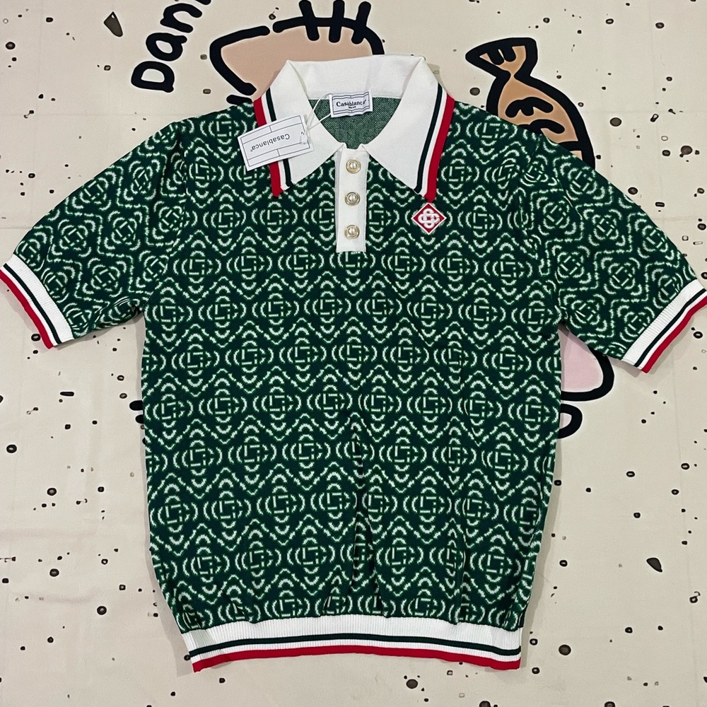 Casablanca Green Patterned Polo with White Contrast Collar